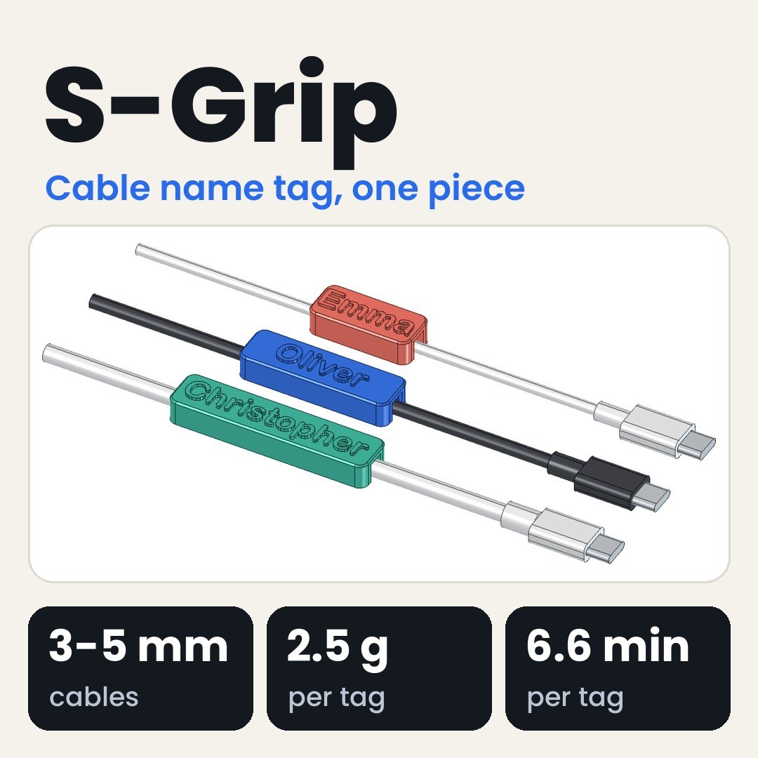 S-Grip cable name tags on three charging cables